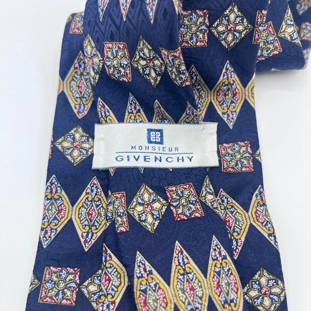 Monsieur Givenchy Tie Mens OS Navy Blue Excellent Geometric Silk USA Made